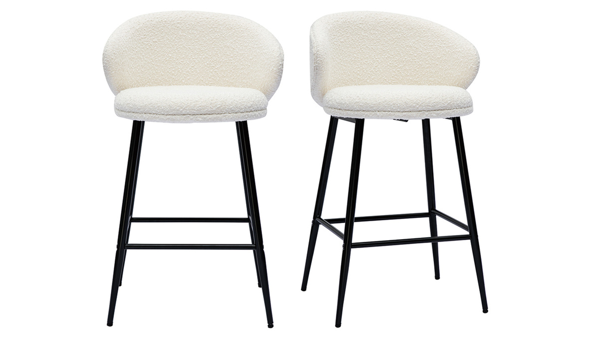 Tabourets de bar design en tissu effet laine boucle blanc cass et mtal noir H86 cm (lot de 2) ROSALIE