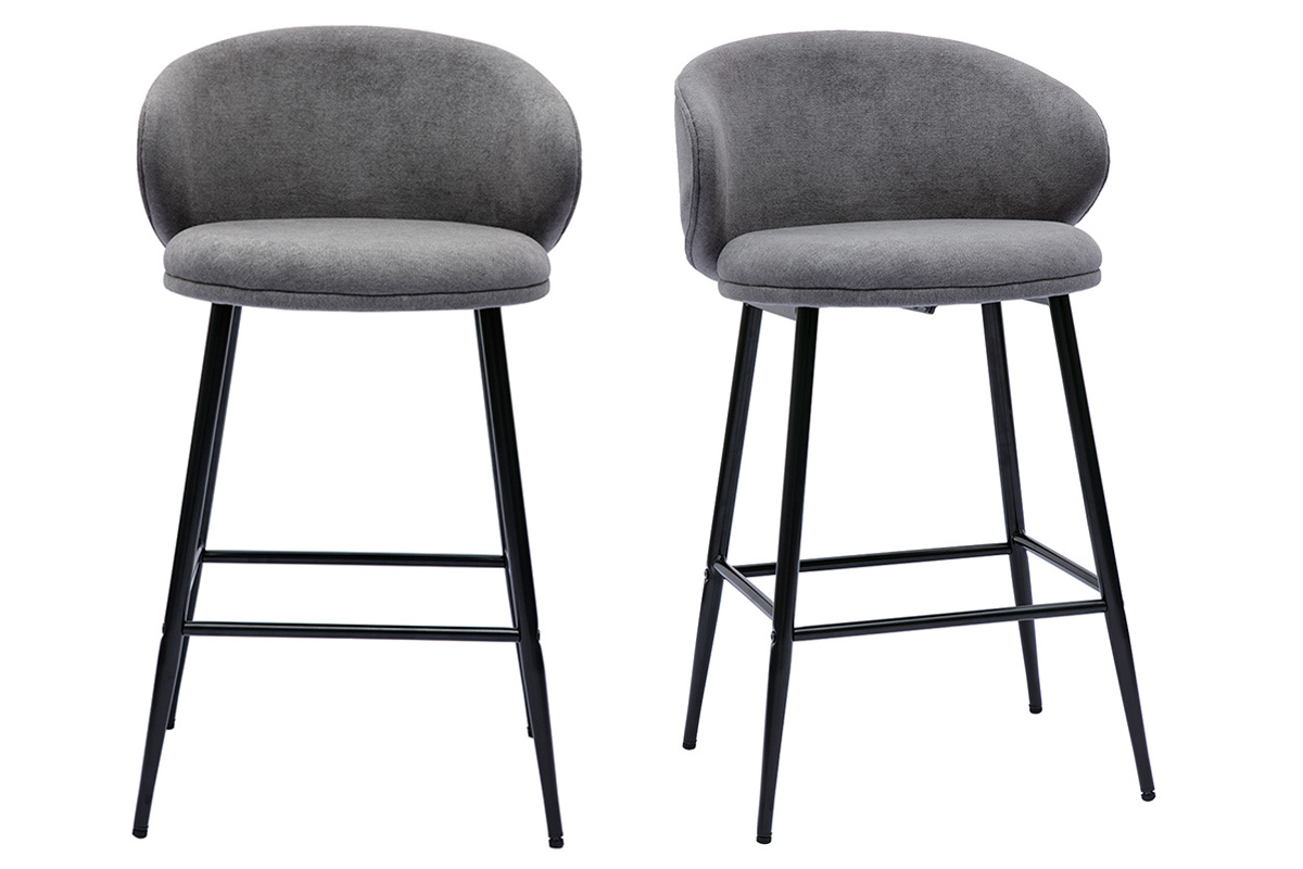 Tabourets de bar design en tissu effet velours gris et mtal noir (lot de 2) ROSALIE