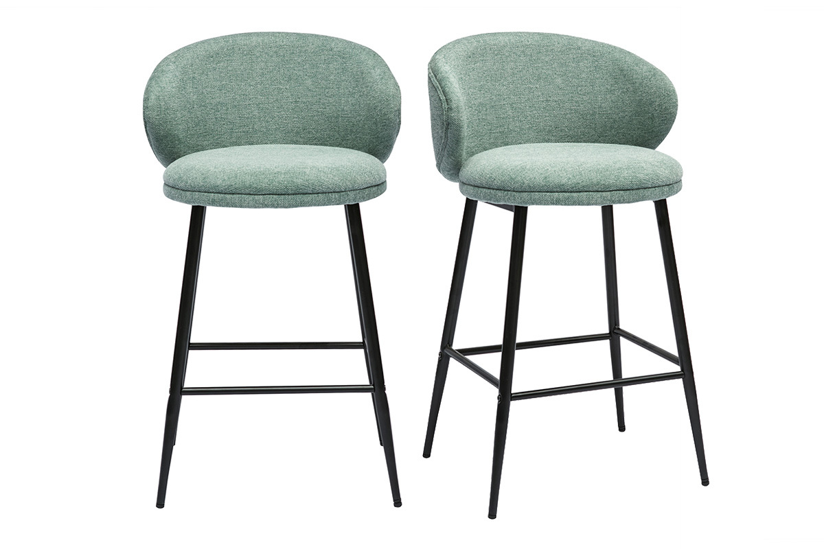 Tabourets de bar design en tissu effet velours textur cladon et mtal noir (lot de 2) ROSALIE