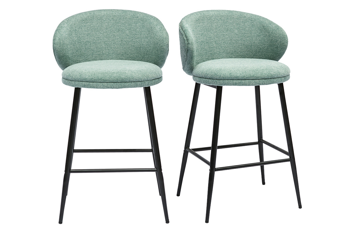 Tabourets de bar design en tissu effet velours textur cladon et mtal noir (lot de 2) ROSALIE