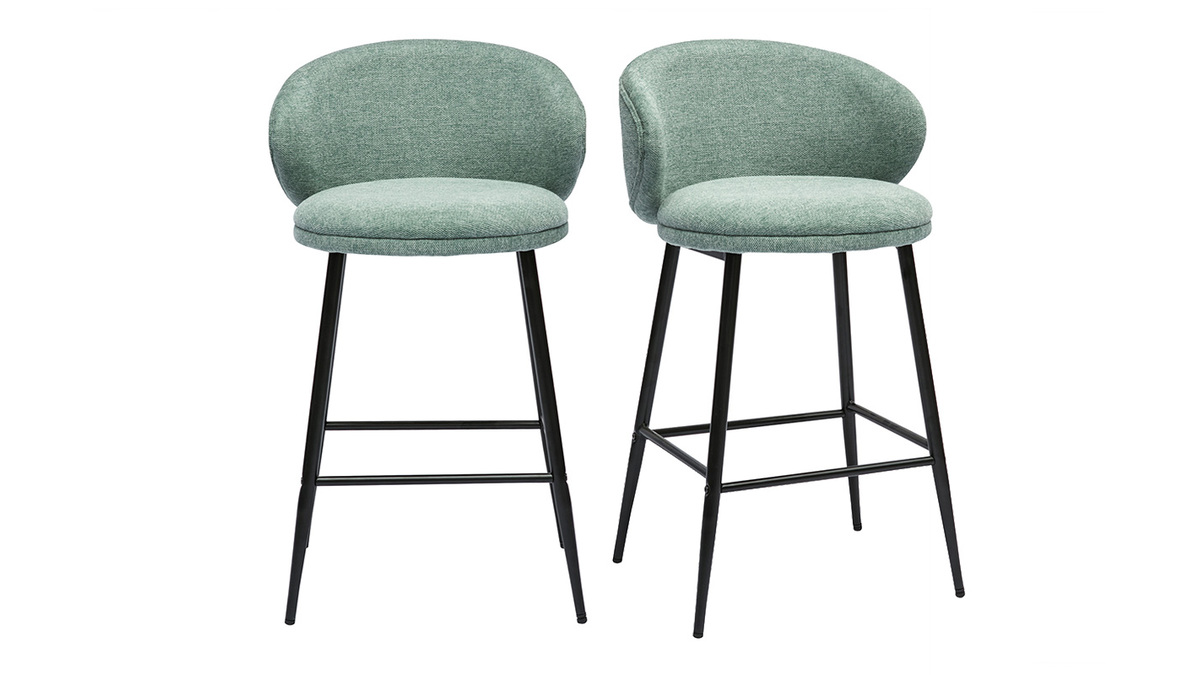 Tabourets de bar design en tissu effet velours textur cladon et mtal noir (lot de 2) ROSALIE