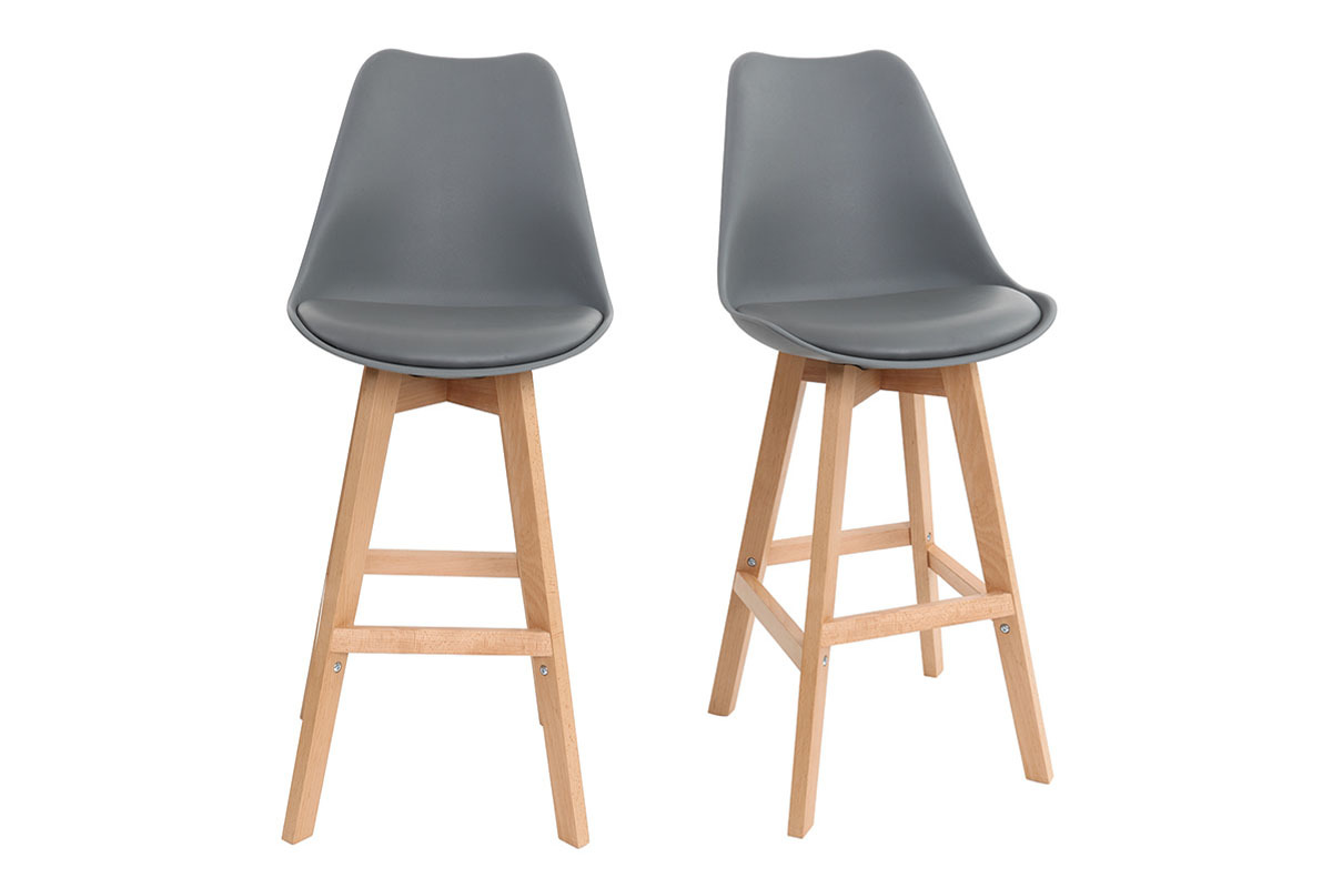 Tabourets de bar design gris et bois 75 cm (lot de 2) PAULINE