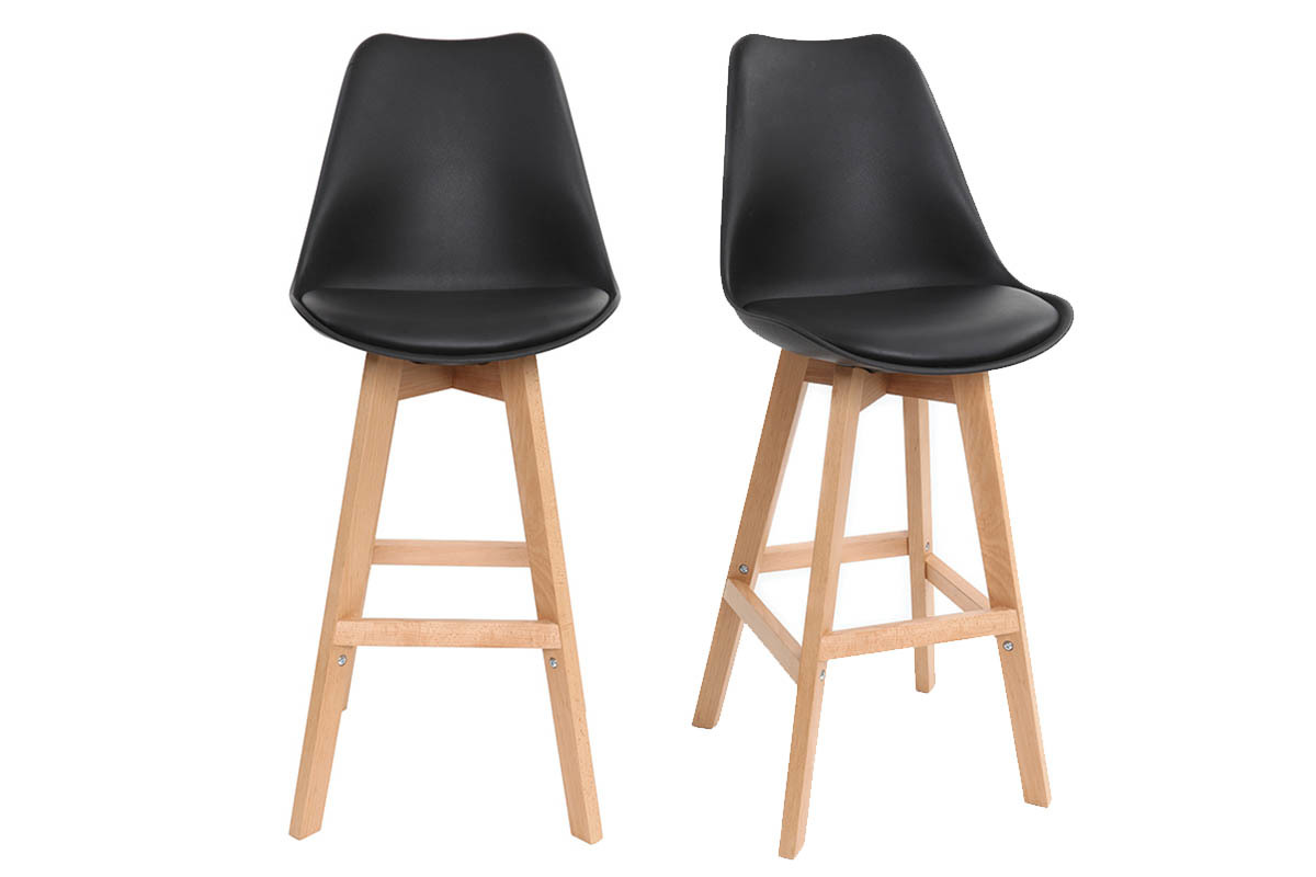 Tabourets de bar design noir et bois 75 cm (lot de 2) PAULINE