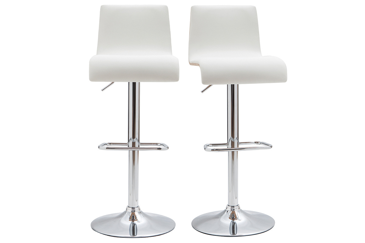 Tabourets de bar design rglables blanc et bois clair (lot de 2) DELICACY