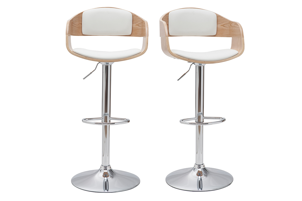 Tabourets de bar design rglables en polyurthane blanc et bois clair (lot de 2) EUSTACHE