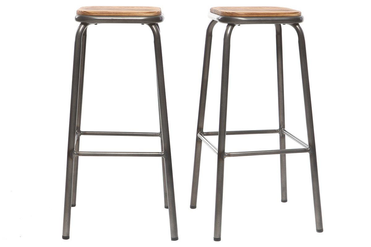 Tabourets de bar empilables mtal et bois fonc H75 cm (lot de 2) MEMPHIS