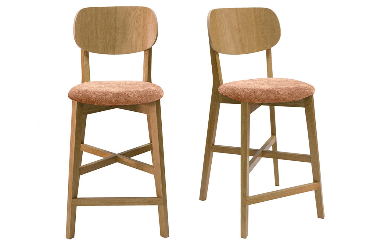 Tabourets de bar en bois clair chne et tissu effet velours terracotta H65 cm (lot de 2) LUCIA