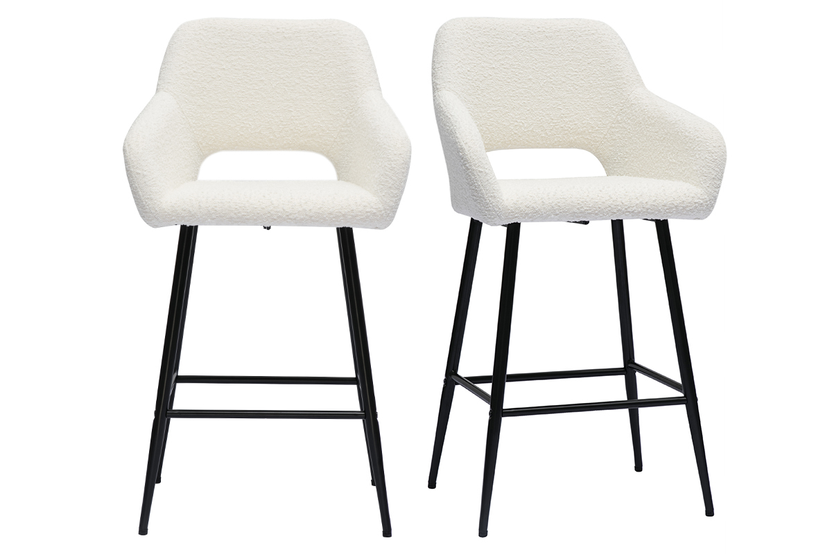 Tabourets de bar en tissu effet laine boucle blanc cass et mtal H65 cm (lot de 2) LAURETTE