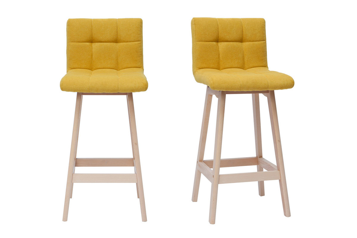 Tabourets de bar en tissu effet velours jaune moutarde et bois clair H65 cm (lot de 2) KLARIS