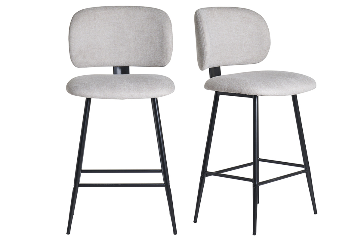 Tabourets de bar en tissu effet velours textur beige et mtal noir H70 cm (lot de 2) ATRIUM