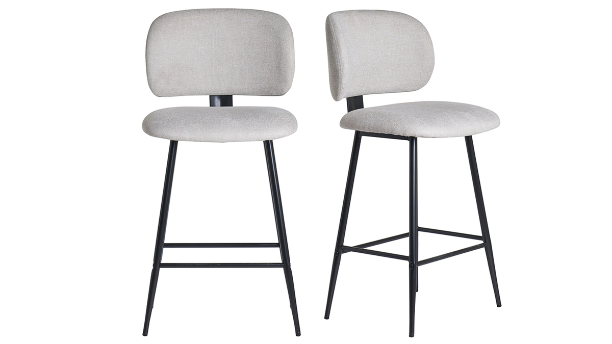 Tabourets de bar en tissu effet velours textur beige et mtal noir H70 cm (lot de 2) ATRIUM