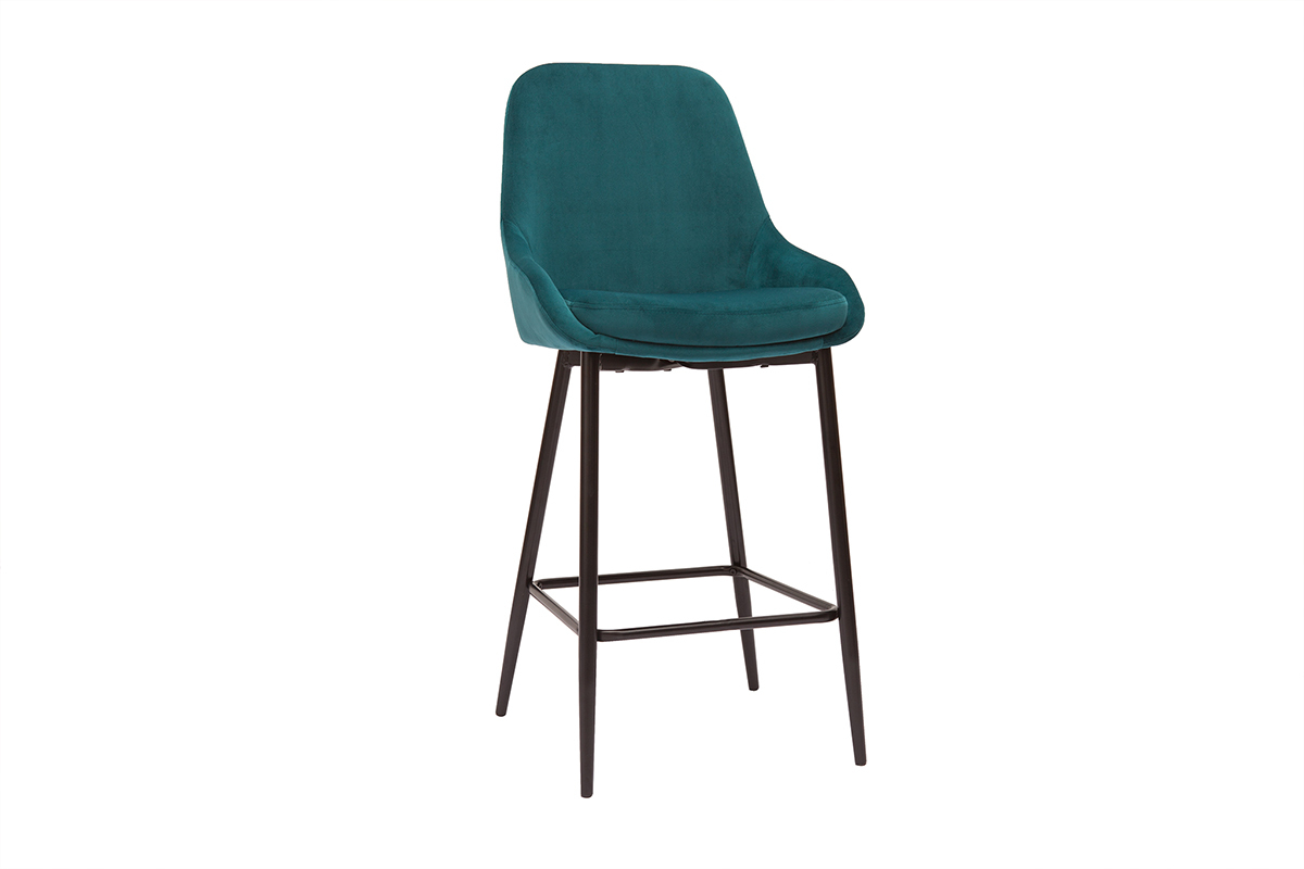 Tabourets de bar en tissu velours bleu ptrole et mtal noir H65 cm (lot de 2) HOLO