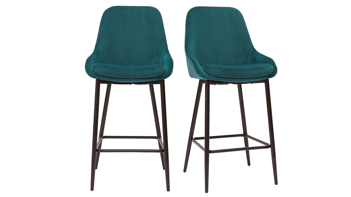 Tabourets de bar en tissu velours bleu ptrole et mtal noir H65 cm (lot de 2) HOLO