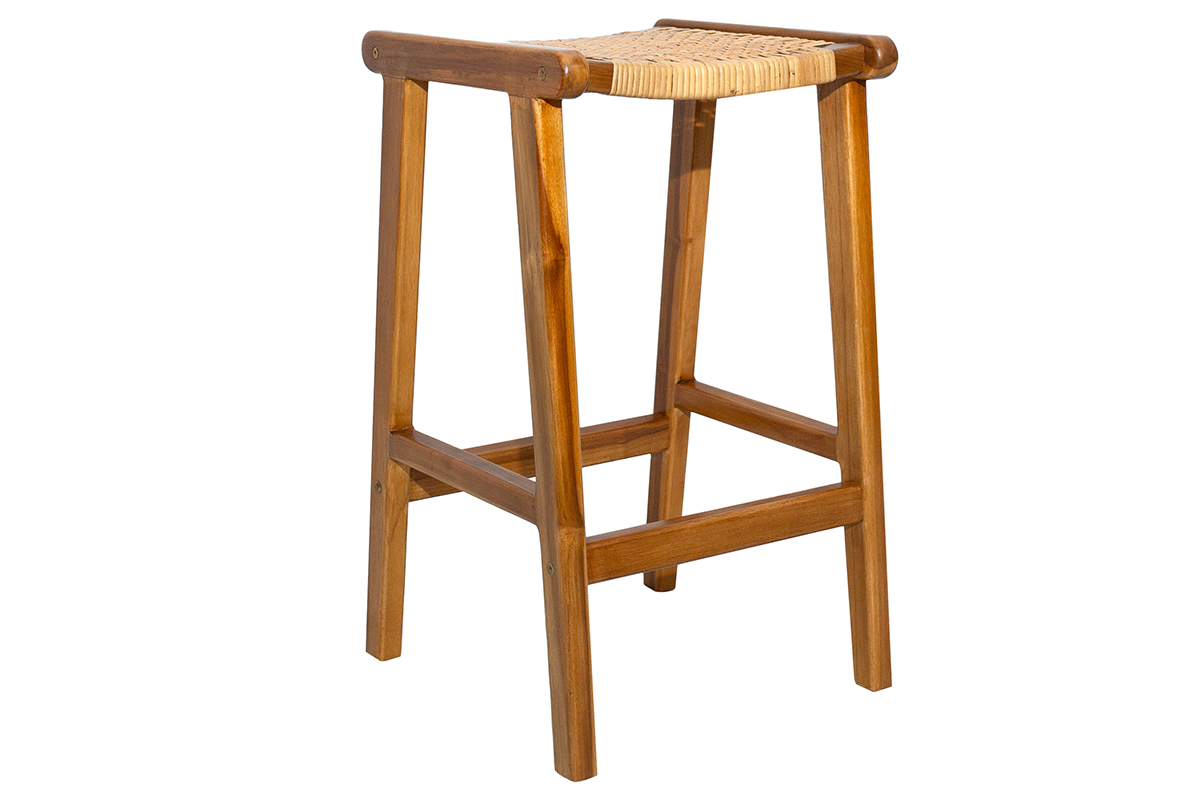 Tabourets de bar ethniques en bois teck massif et cannage rotin H65 cm (lot de 2) GAWA