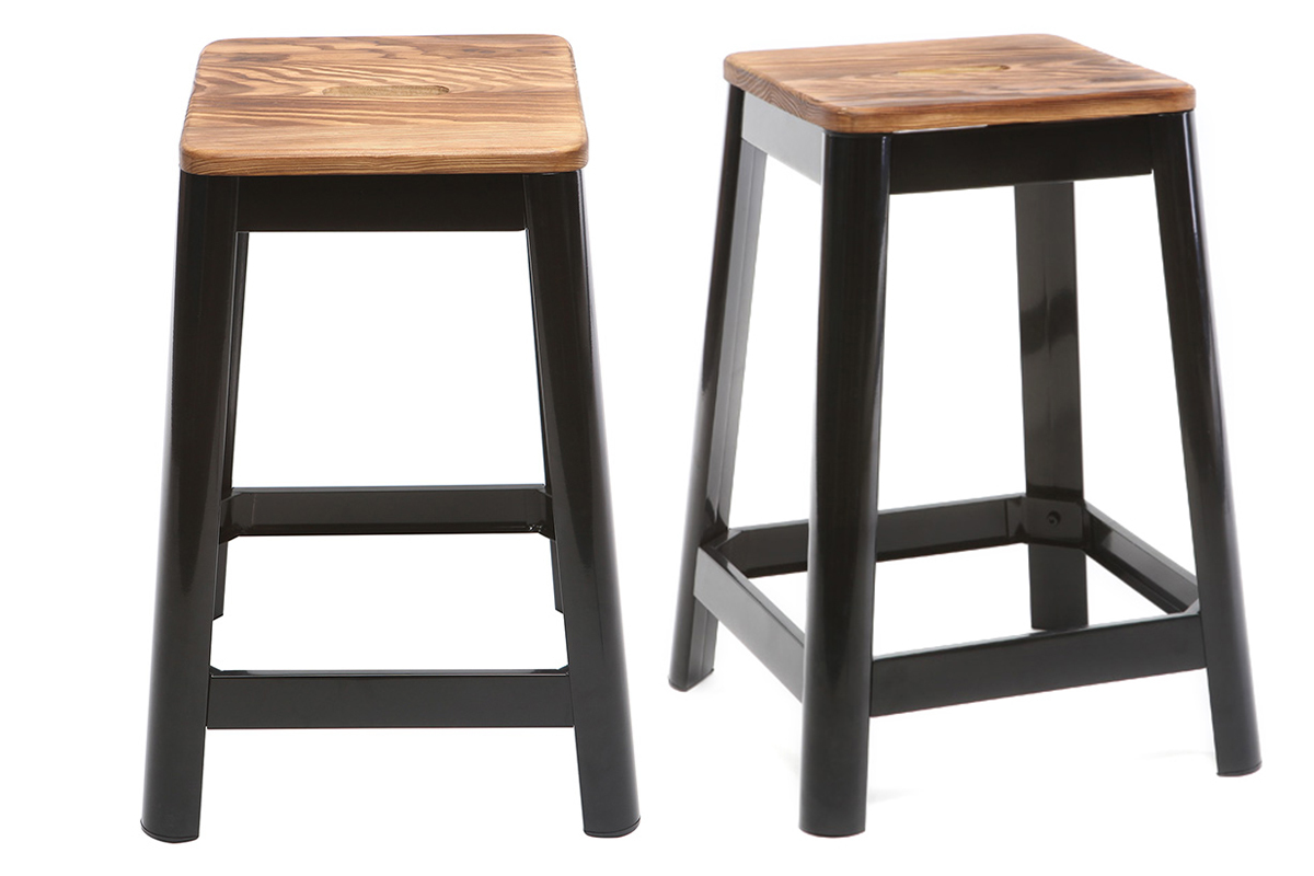 Tabourets de bar industriels en mtal noir et bois H65 cm (lot de 2) NICK