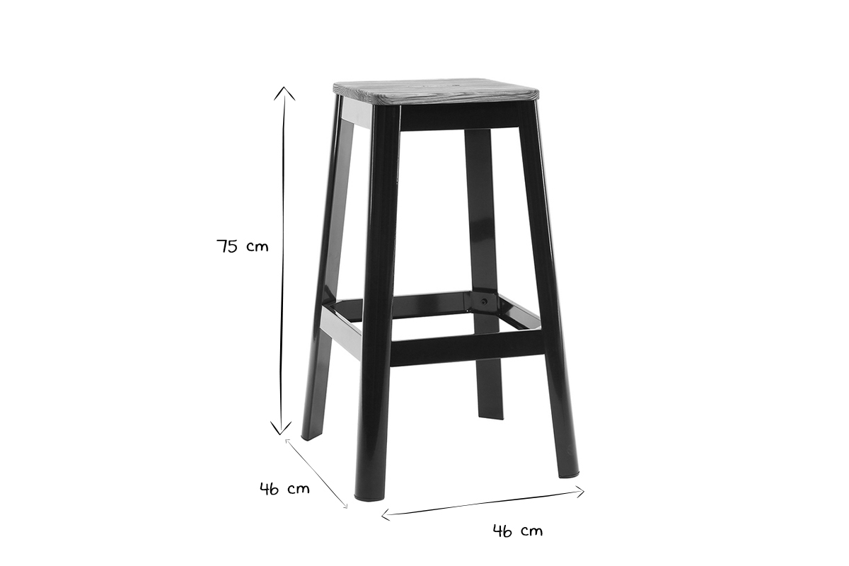 Tabourets de bar industriels en mtal noir et bois H75 cm (lot de 2) NICK