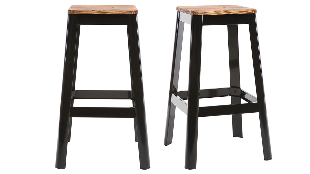 Tabourets de bar industriels en mtal noir et bois H75 cm (lot de 2) NICK