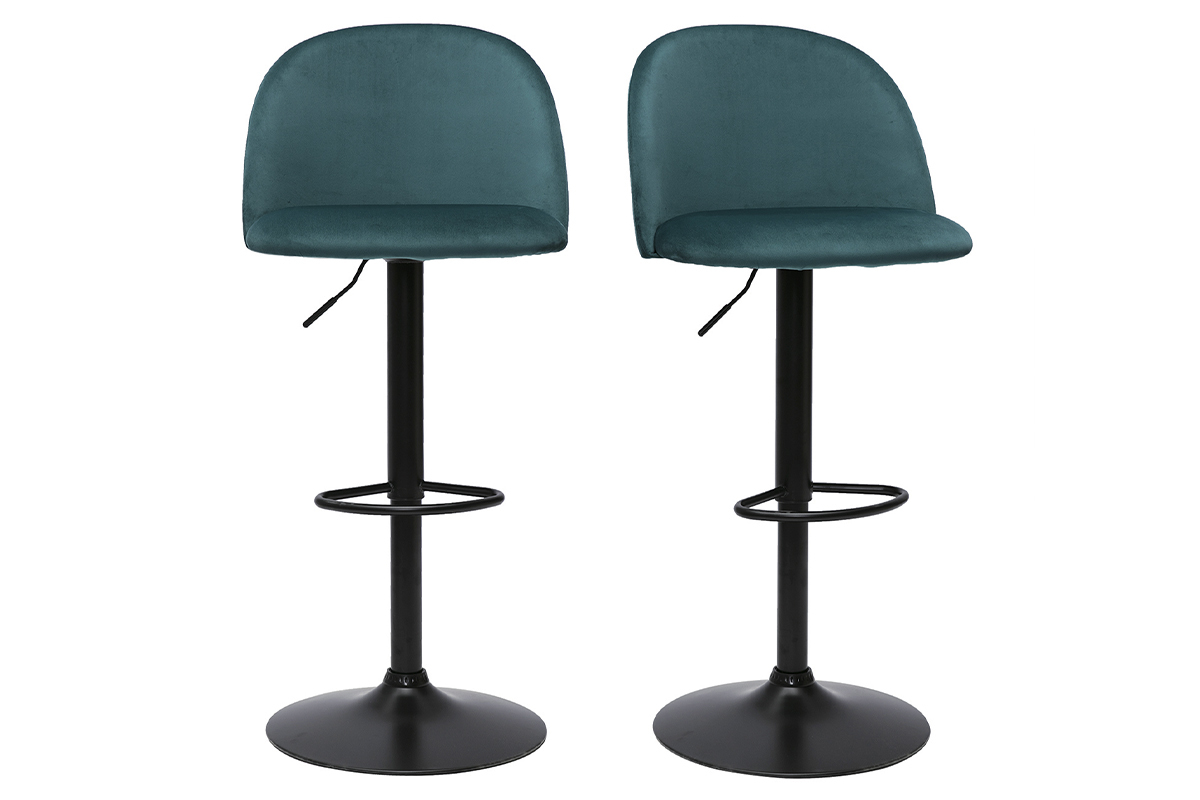 Tabourets de bar rglables velours bleu ptrole et mtal noir (lot de 2) CELESTE