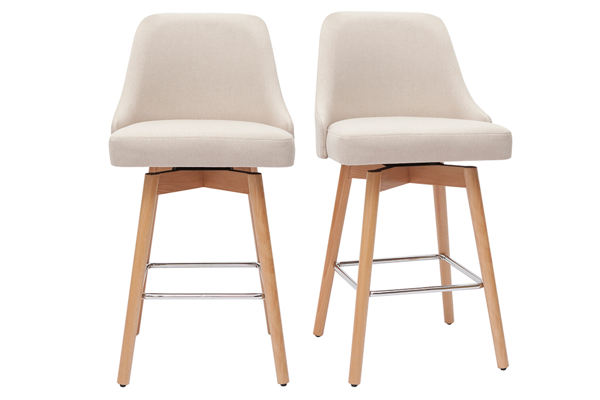 Tabourets de bar scandinaves pivotants 360 en tissu beige et bois htre massif H65 cm (lot de 2) HASTA