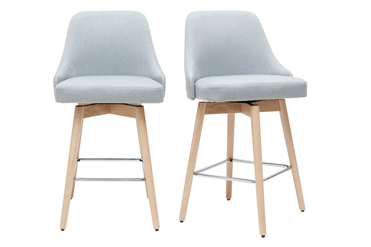 Tabourets de bar scandinaves pivotants 360 en tissu gris clair et bois htre massif H65 cm (lot de 2) HASTA