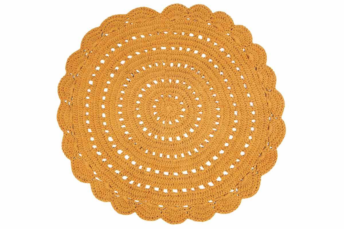 Tapis rond en crochet jaune 120 cm ALMA