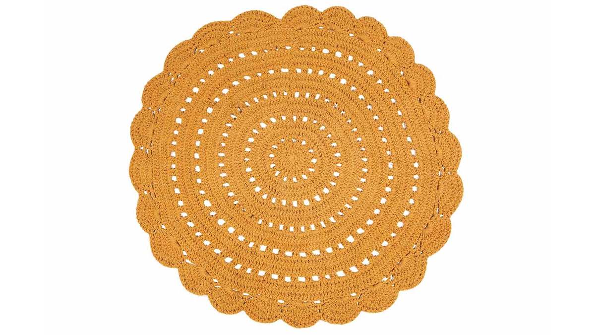 Tapis rond en crochet jaune 120 cm ALMA