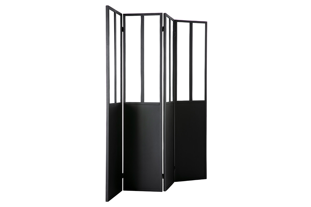 Verrire atelier paravent industriel en mtal noir et verre 4 vantaux L160 cm RACK